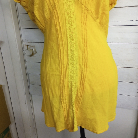 Ashley Stewart 1X Yellow Cotton Boho Tunic Top V-Neck Short Sleeve Blouse - Picture 3 of 13